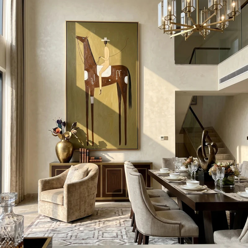 Symbolic Brown Horse Rider Wall Art – Tall Western Folk Painting#yy825161
