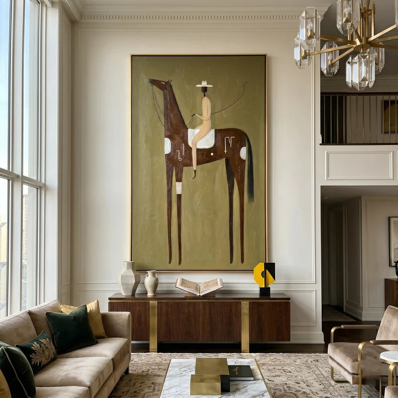Symbolic Brown Horse Rider Wall Art – Tall Western Folk Painting#yy825161