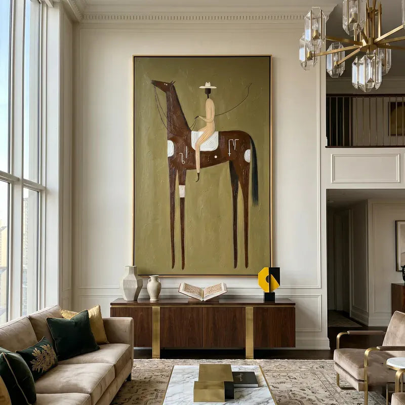 Symbolic Brown Horse Rider Wall Art – Tall Western Folk Painting#yy825161