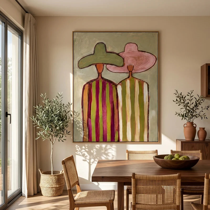 Pink & Green Hat Couple Wall Art – Colorful Folk Portrait#yy825162