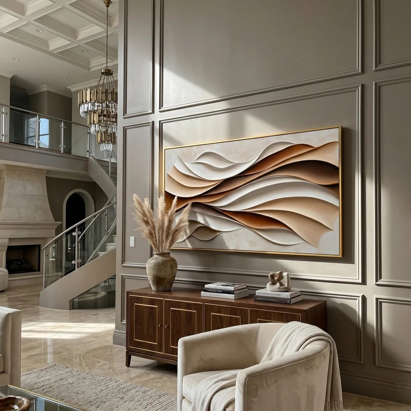 Neutral Abstract Wave Wall Art – Modern Brown & Beige Artwork#ypy825164