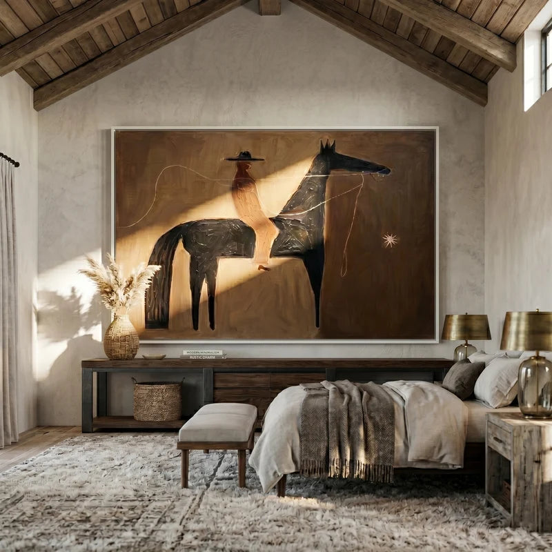 Lasso Cowboy Black Horse Wall Art – Rustic Western Folk Painting#yy825168