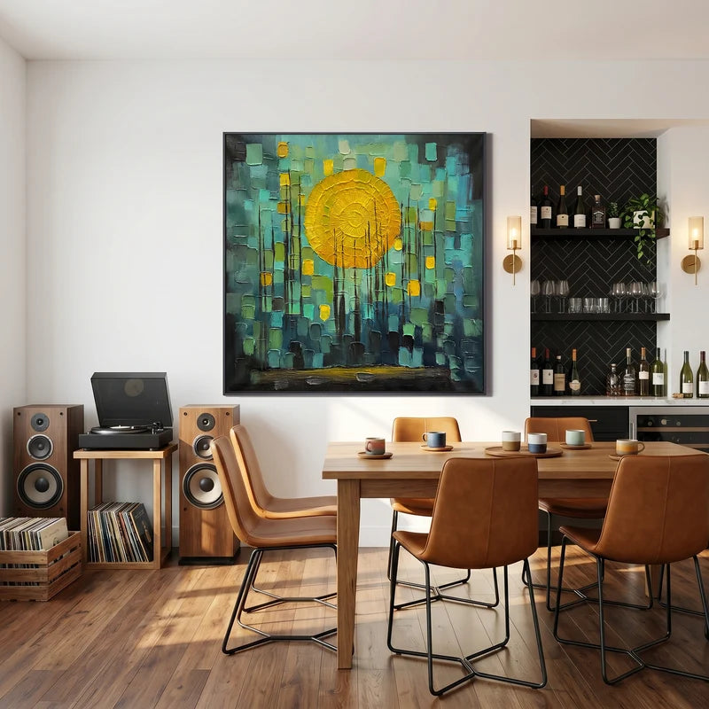 Teal & Gold Abstract Wall Art – Textured Geometric Sun Painting#yy825172