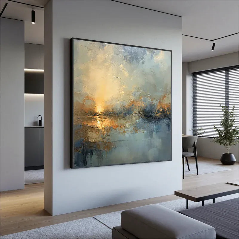 texture Blue & Gold Waterscape Wall Art – Abstract Sunset Painting#yy825174