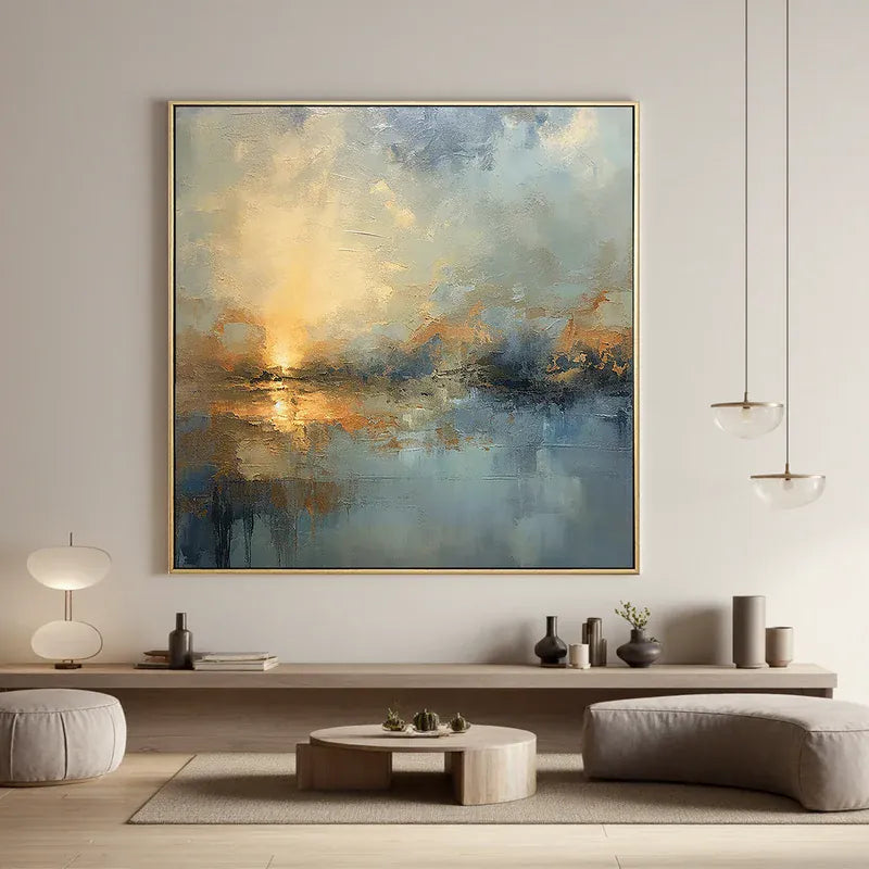 Blue & Gold Waterscape Wall Art – Abstract Sunset Painting#yy825174