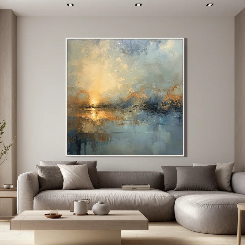 Blue & Gold Waterscape Wall Art – Abstract Sunset Painting#yy825174