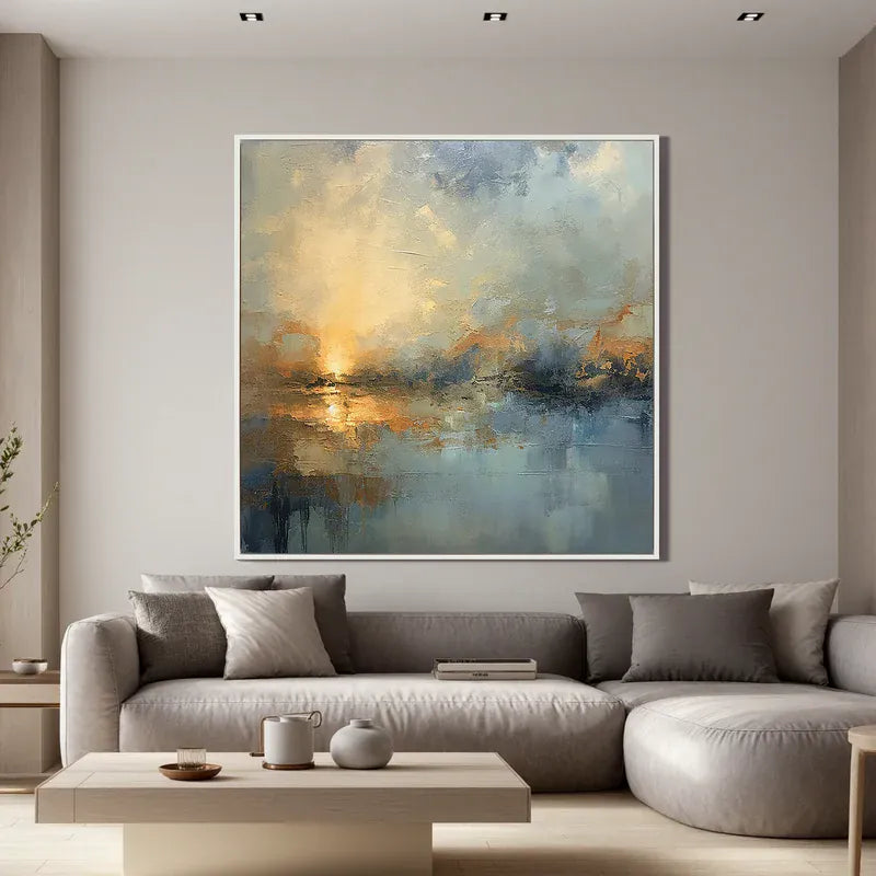 Blue & Gold Waterscape Wall Art – Abstract Sunset Painting#yy825174