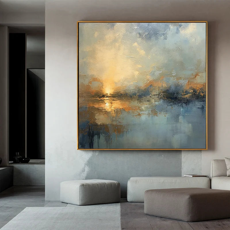 Blue & Gold Waterscape Wall Art – Abstract Sunset Painting#yy825174