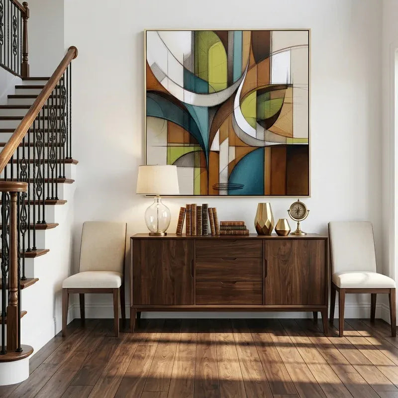 Mid-Century Geometric Wall Art – Teal & Brown Abstract#yy825178