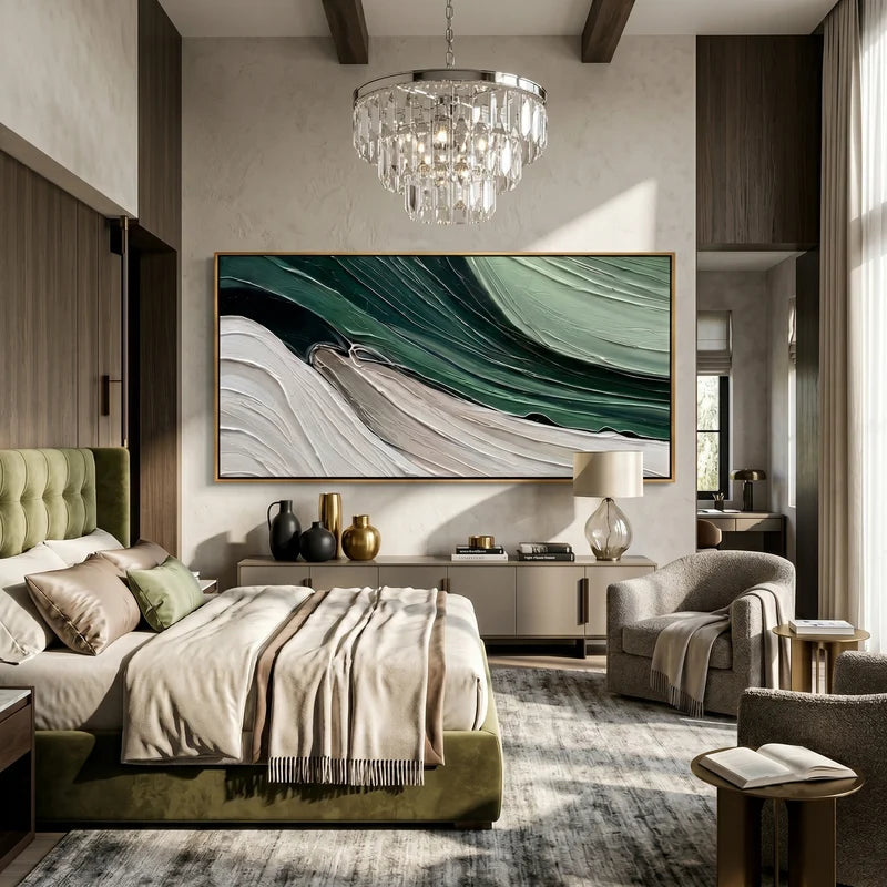 Forest Green Abstract Wave Wall Art – Textured Modern Painting#yy825181