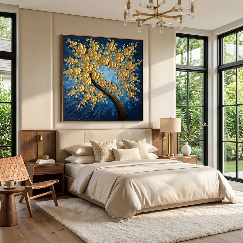 Wabi Sabi Gold Blossom Tree Wall Art – Navy Blue Floral Painting#yy825184