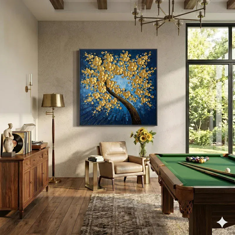 Gold Blossom Tree Wall Art – Navy Blue Floral Painting#yy825184