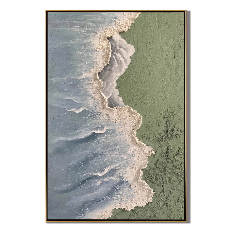 Blue Gray Ocean Wave Wall Art – Sage Green Coastal Painting#825189