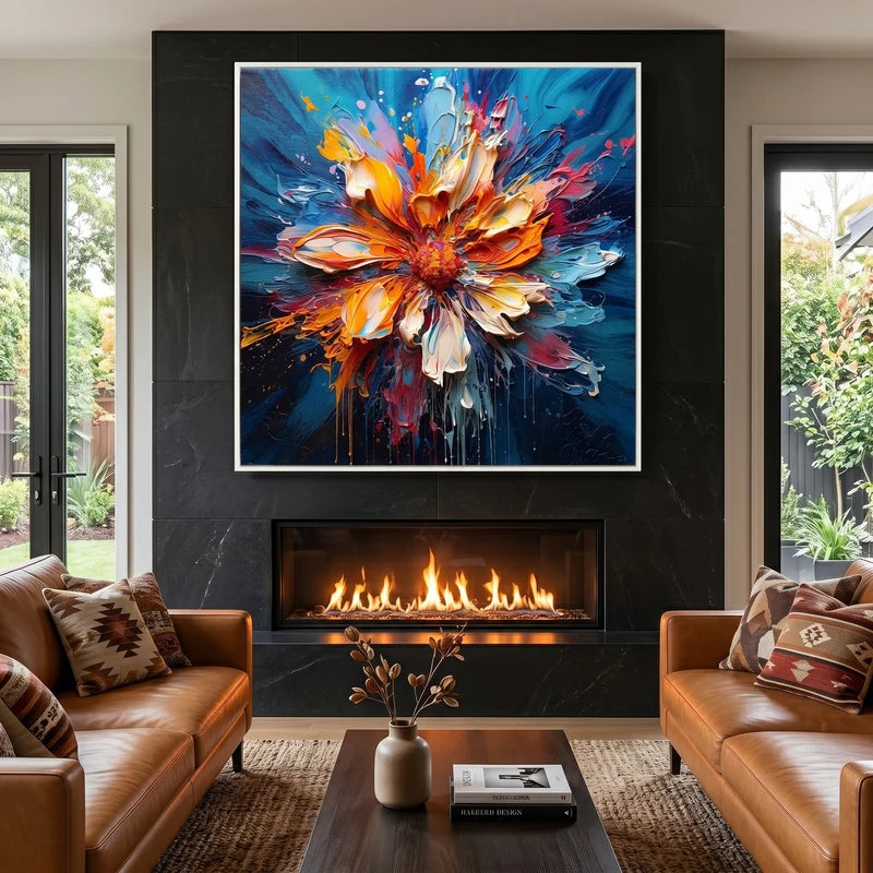 Orange & Blue Floral Wall Art – Vibrant Textured Painting#825191