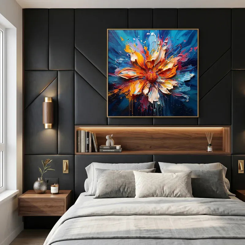 Orange & Blue Floral Wall Art – Vibrant Textured Painting#825191