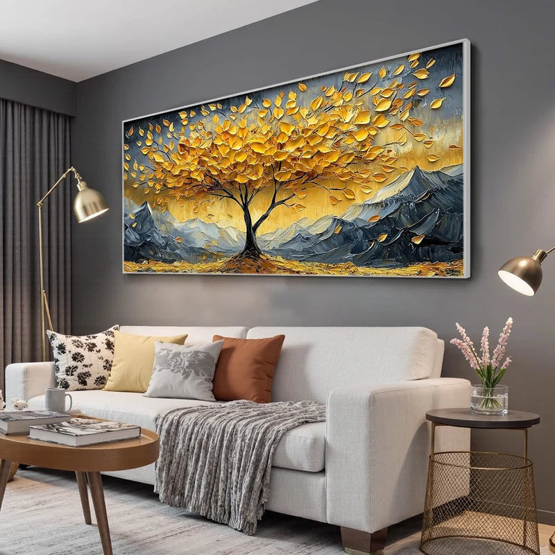 Golden Tree of Life Wall Art – Mountain Landscape Painting#yy825199