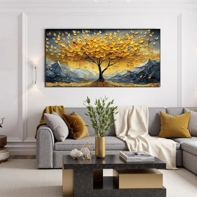 Golden Tree of Life Wall Art – Mountain Landscape Painting#yy825199