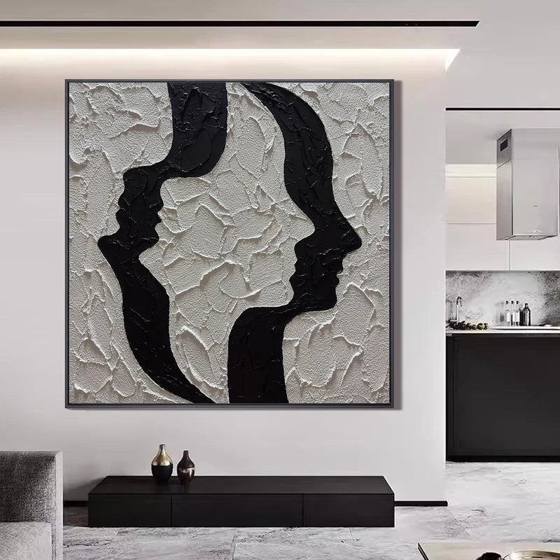 Face to Face Wall Art – Black & White Textured Couple Painting#yy825203