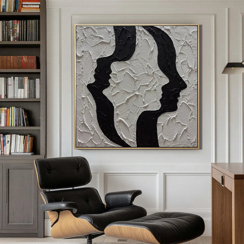 Face to Face Wall Art – Black & White Textured Couple Painting#yy825203