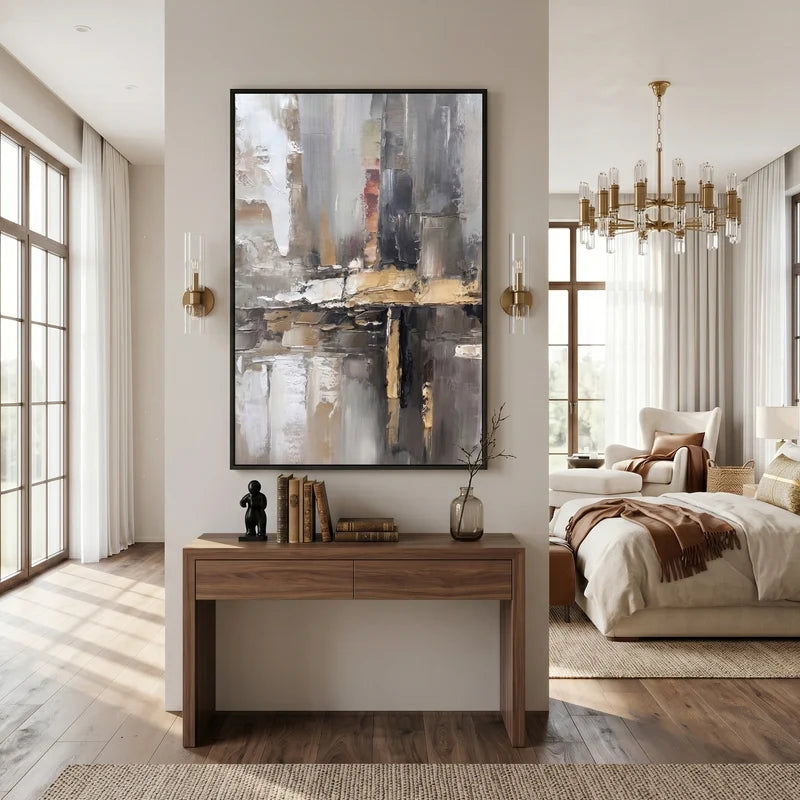 Urban Abstract Wall Art – Gray, Beige & Gold Painting#yy825204