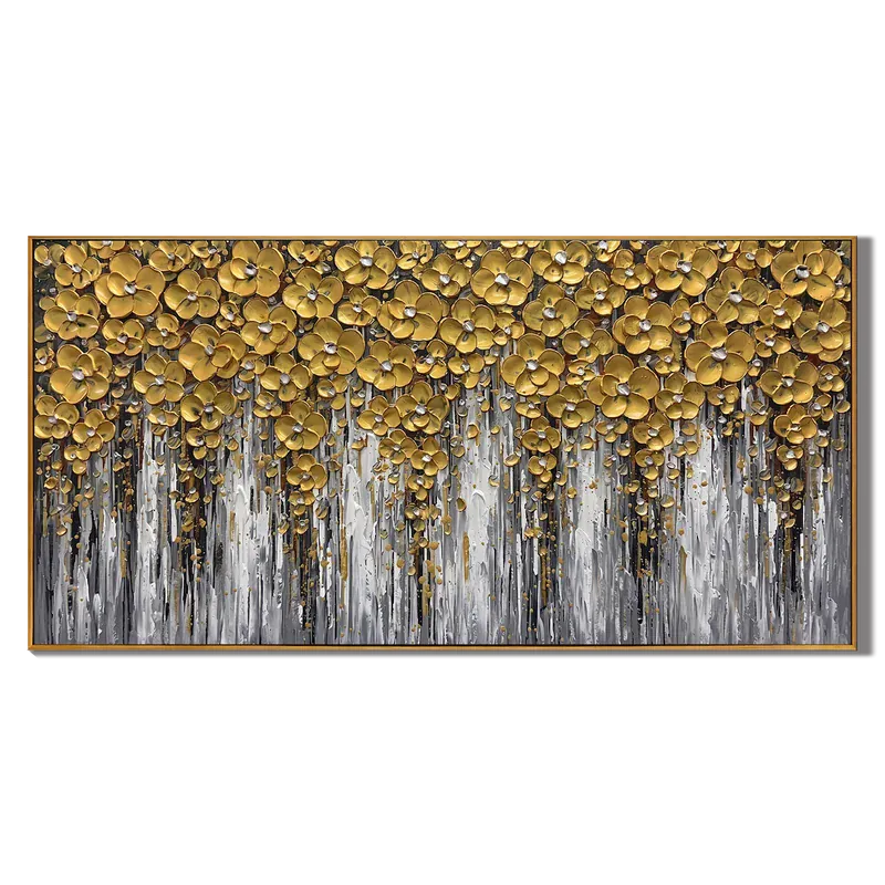 Golden Blossom Wall Art – Textured Modern Floral Painting#yy825205