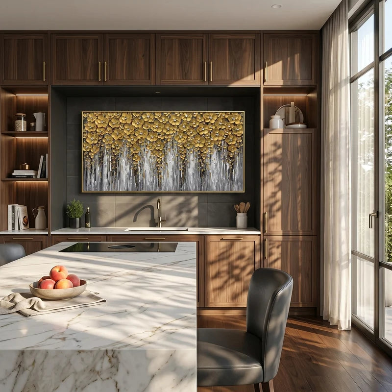 Golden Blossom Wall Art – Textured Modern Floral Painting#yy825205