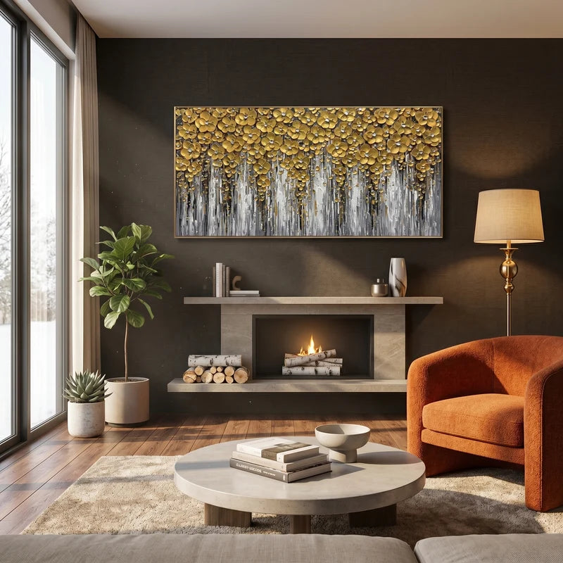 Golden Blossom Wall Art – Textured Modern Floral Painting#yy825205