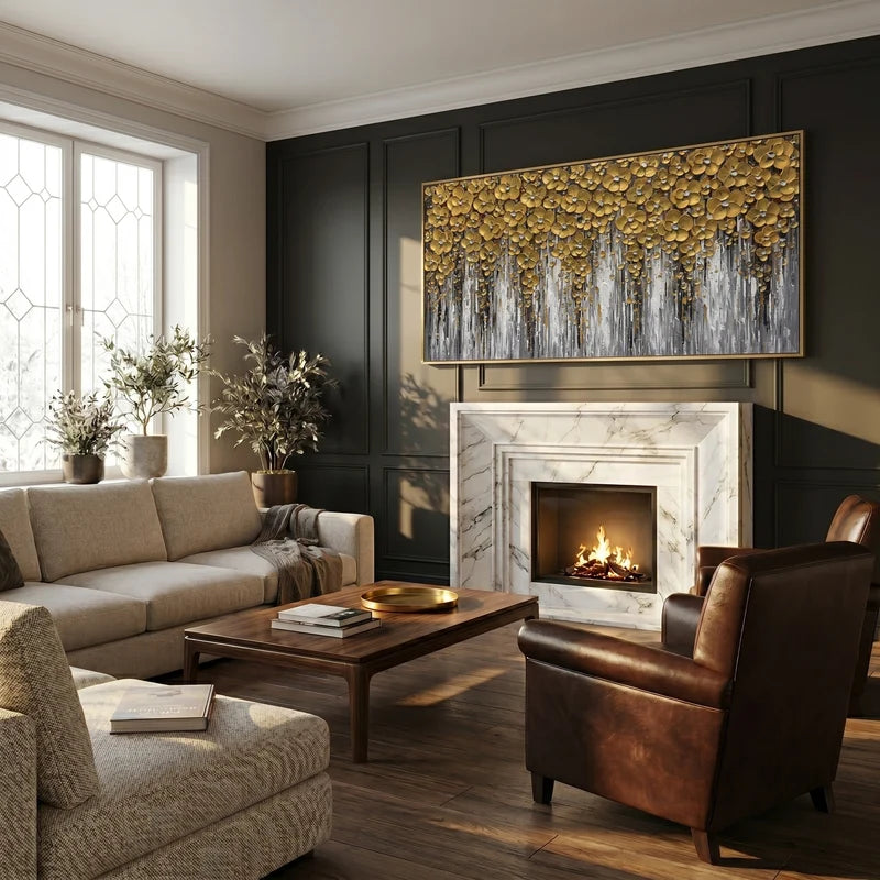 Golden Blossom Wall Art – Textured Modern Floral Painting#yy825205