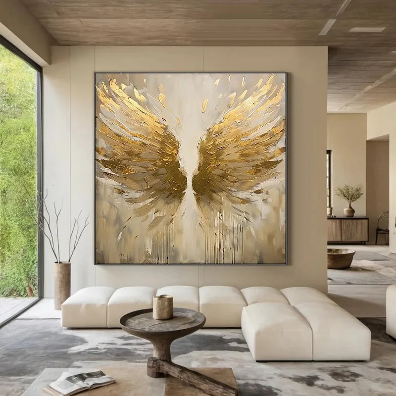 Golden Wings Abstract Wall Art – Neutral Modern Artwork#yy825206