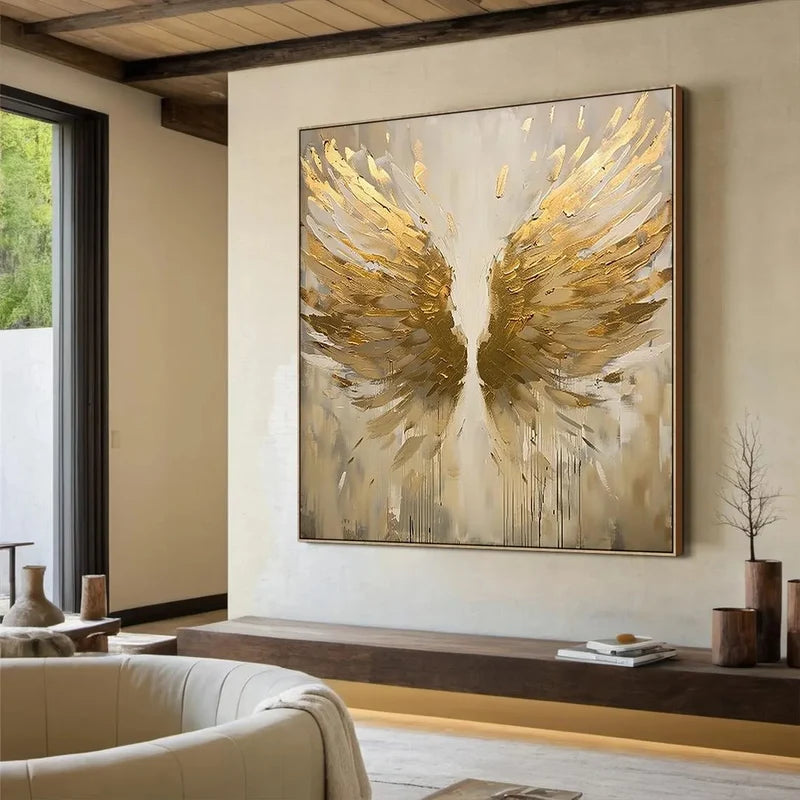 Golden Wings Abstract Wall Art – Neutral Modern Artwork#yy825206