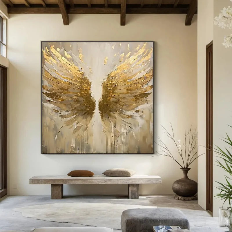 Golden Wings Abstract Wall Art – Neutral Modern Artwork#yy825206
