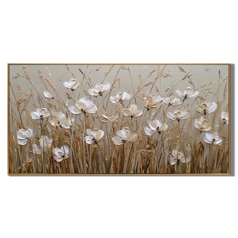 White Wildflower Wall Art – Neutral Textured Floral Painting#yy825209