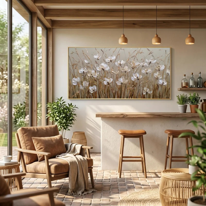 White Wildflower Wall Art – Neutral Textured Floral Painting#yy825209