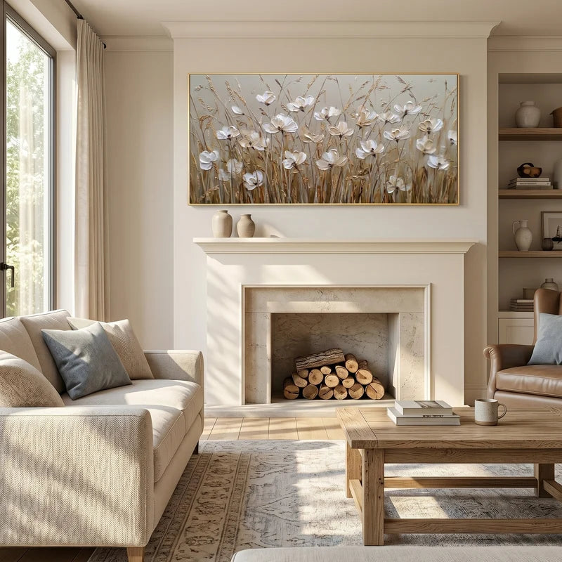 White Wildflower Wall Art – Neutral Textured Floral Painting#yy825209