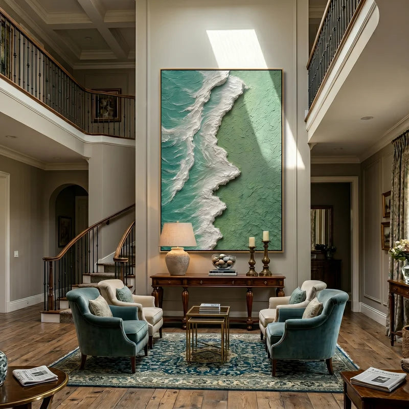 Sage Green Coastal Wall Art – Textured Ocean Wave Painting#yy825210