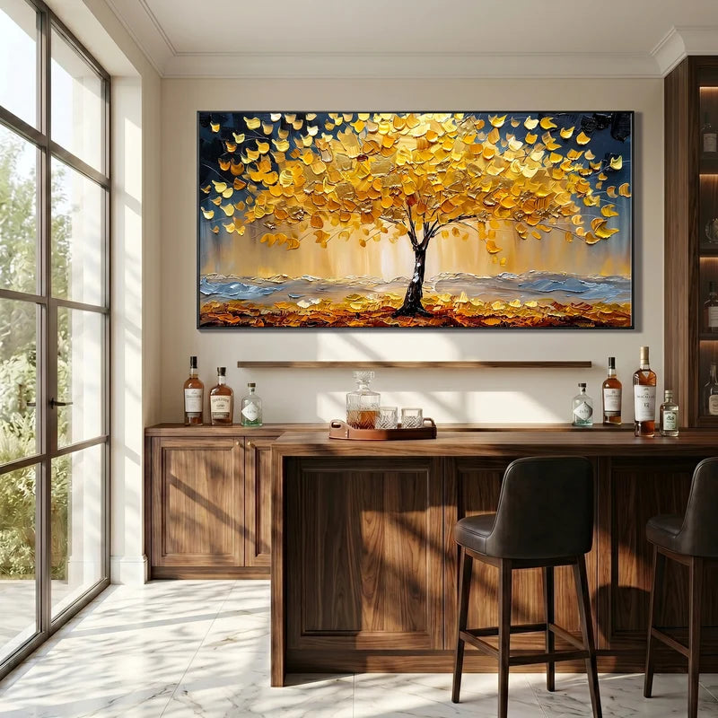 Golden Autumn Tree Wall Art – Textured Landscape Painting#yy825211