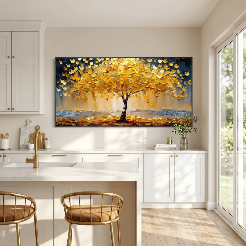 Golden Autumn Tree Wall Art – Textured Landscape Painting#yy825211