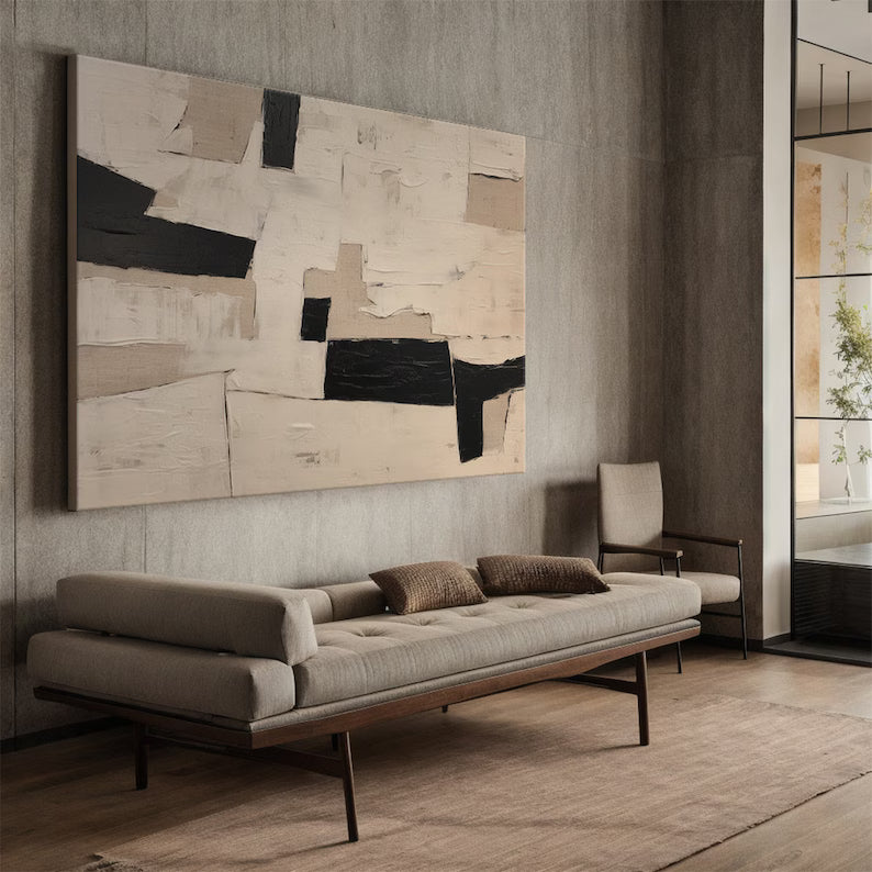 Monochrome Balance – Minimalist Abstract Wall Art in Black, Beige and Cream#AB14034