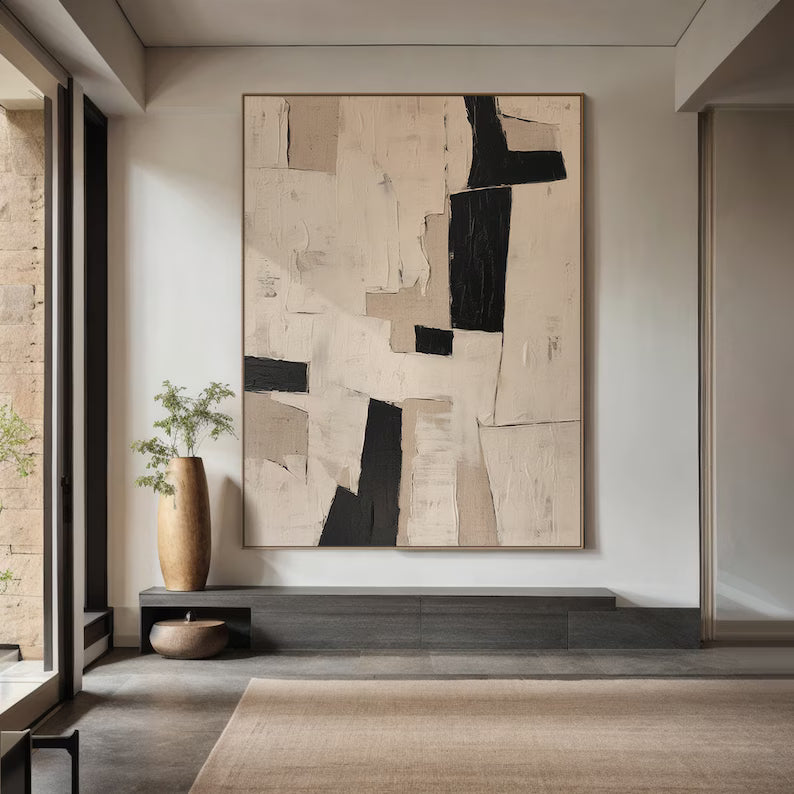 Monochrome Balance – Minimalist Abstract Wall Art in Black, Beige and Cream#AB14034