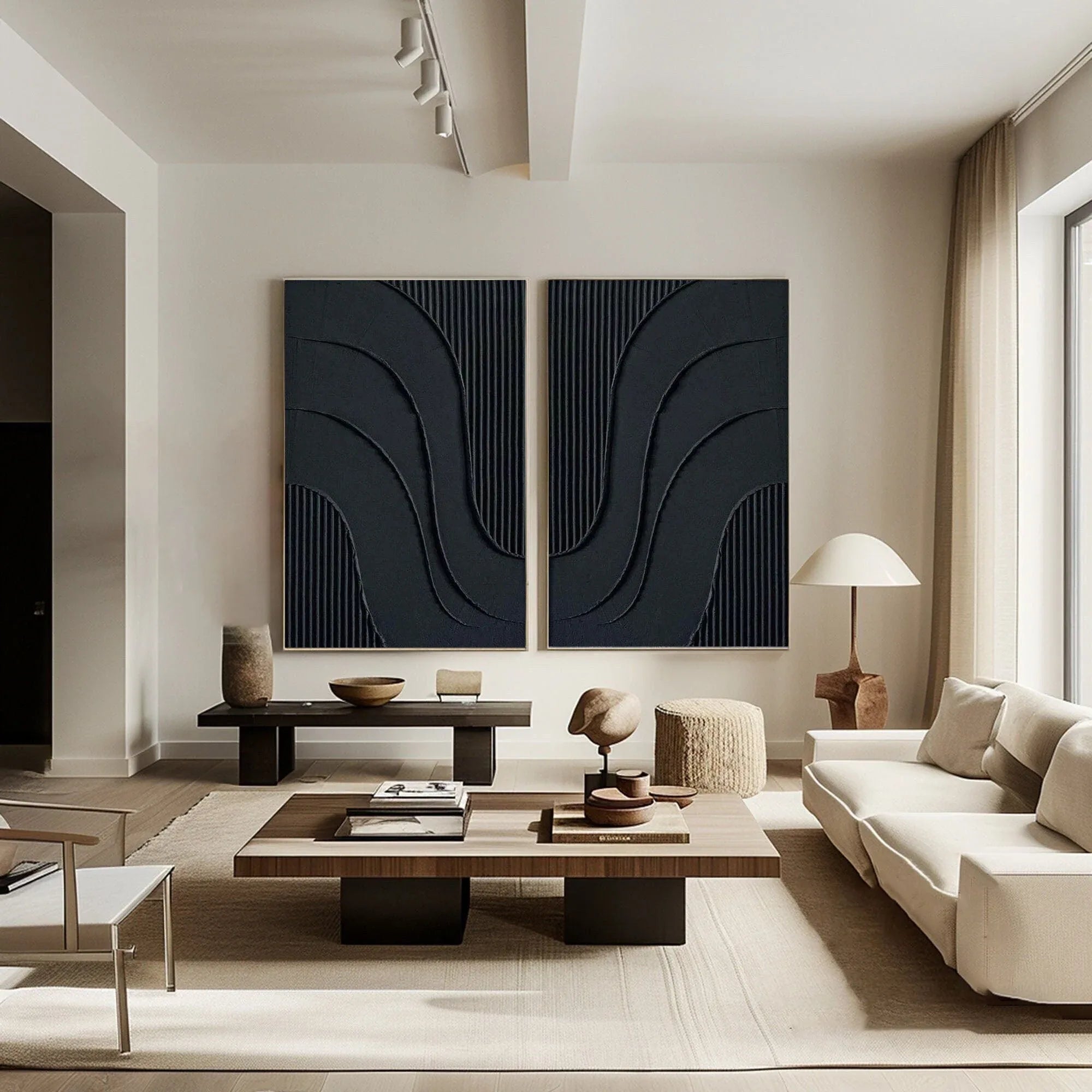 Midnight Flow- Abstract Black Textured Canvas Duo Set of 2 - artextured