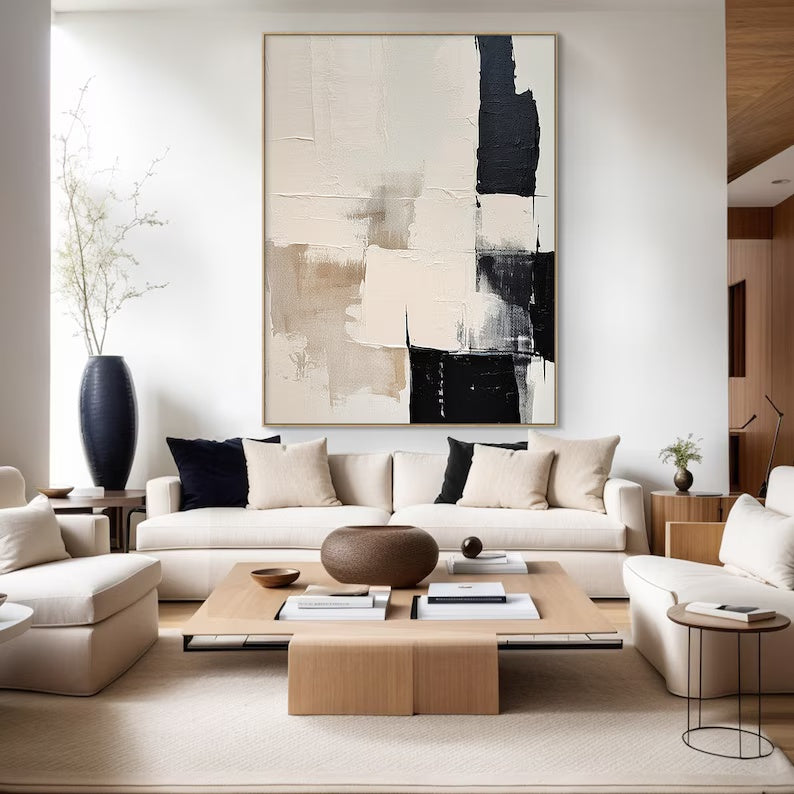 Balanced Contrast – Minimalist Abstract Wall Art in Black, Beige and Cream#AB14033
