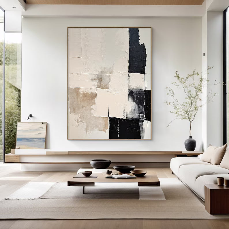 Balanced Contrast – Minimalist Abstract Wall Art in Black, Beige and Cream#AB14033