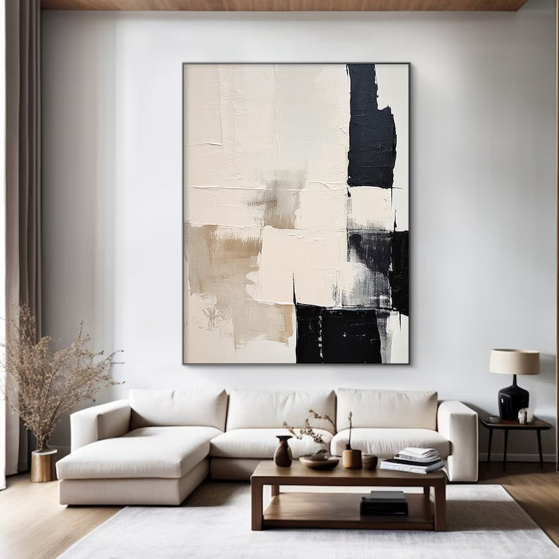 Balanced Contrast – Minimalist Abstract Wall Art in Black, Beige and Cream#AB14033