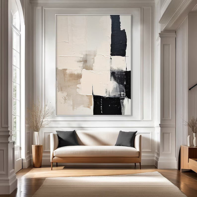 Balanced Contrast – Minimalist Abstract Wall Art in Black, Beige and Cream#AB14033