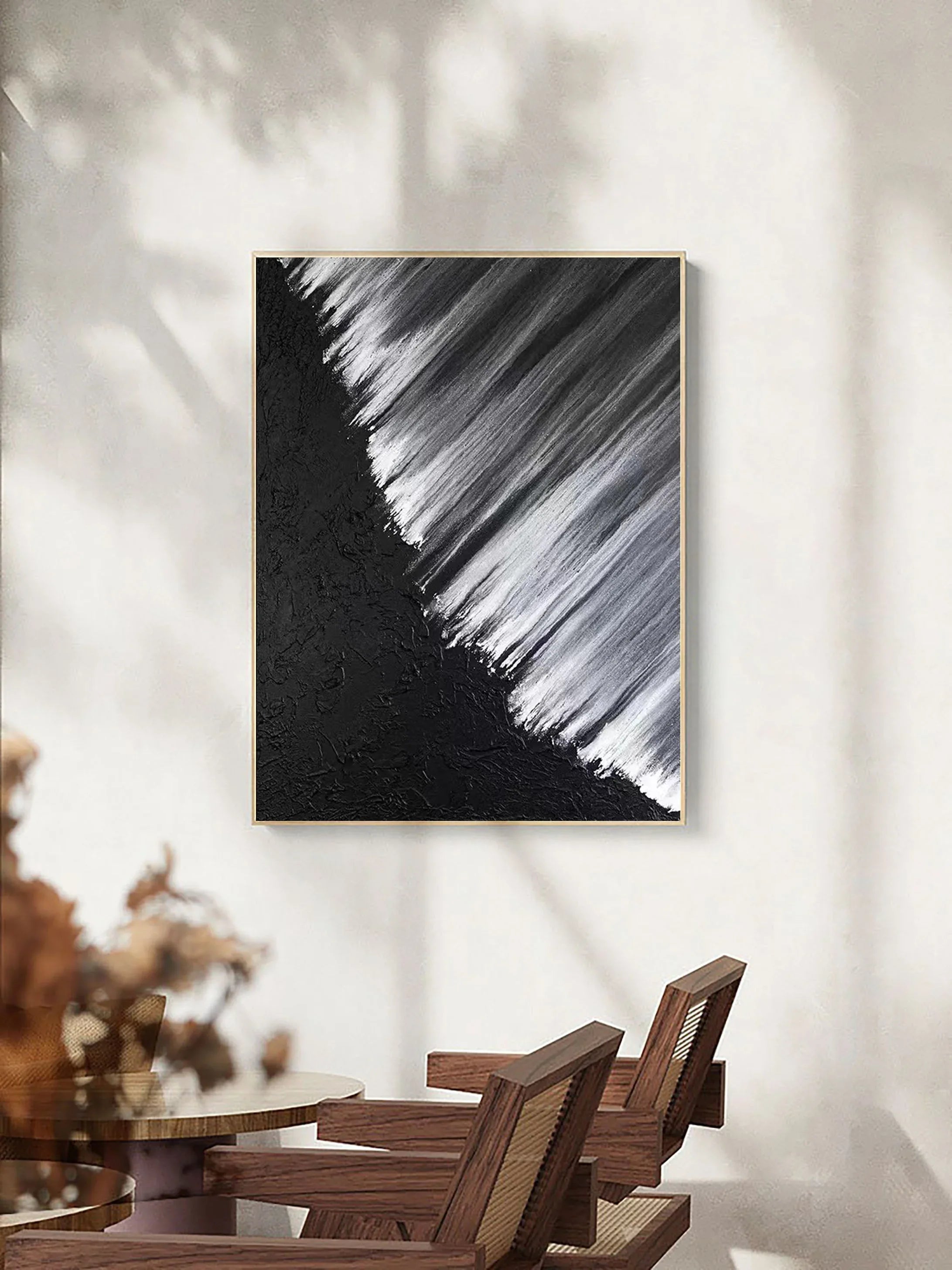 Monochrome Cascade-Hand Drawn Black and White Oblique Texture Abstract Wall Art - artextured