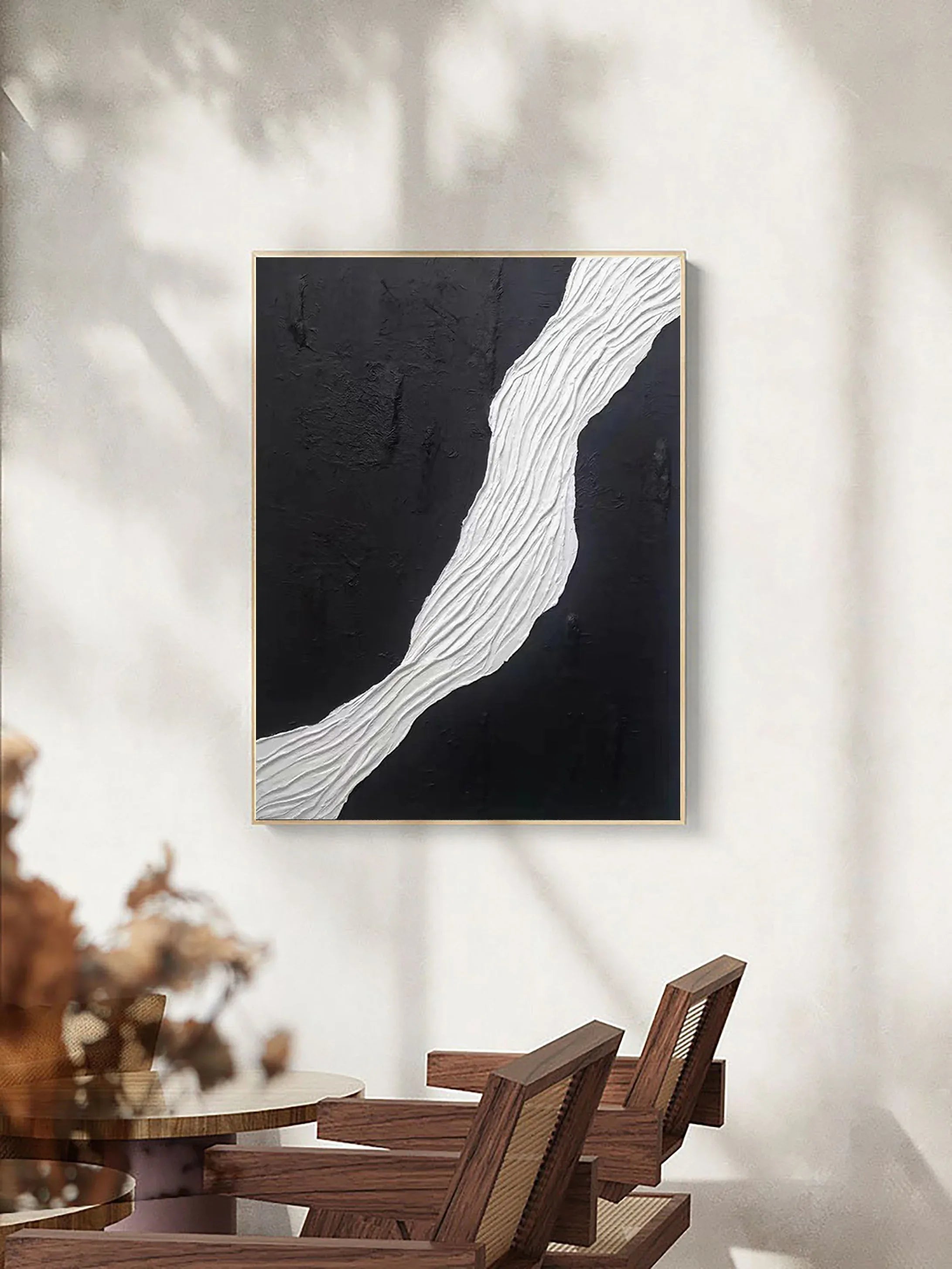 Divided Harmony-Black and White Flowing Abstract Hand-Painted Oil Painting Wall Art - artextured