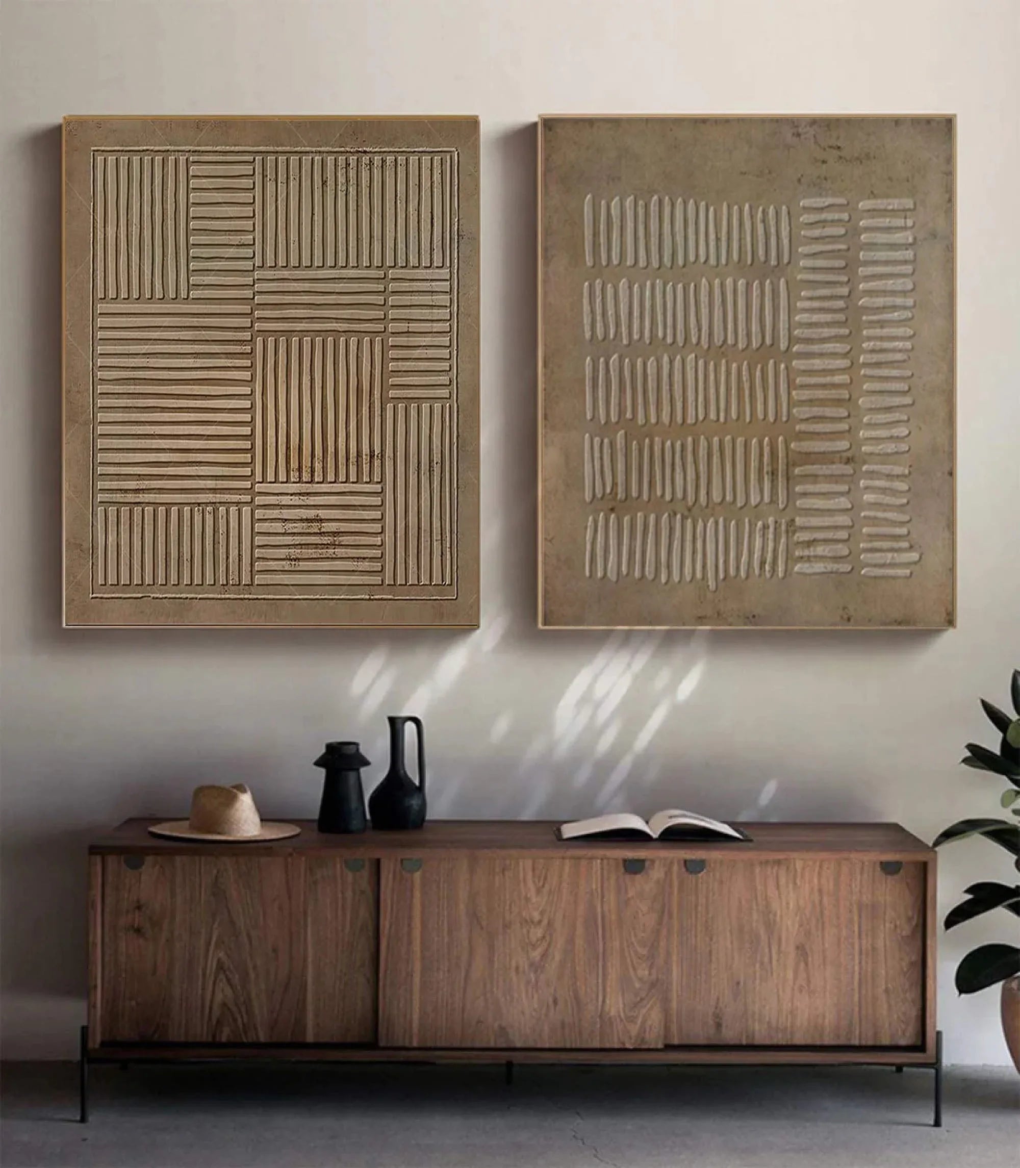 Linear Harmony SET OF 2-Handmade Geometric Vertical and Horizontal Stripes Texture Abstract Wall Art - artextured