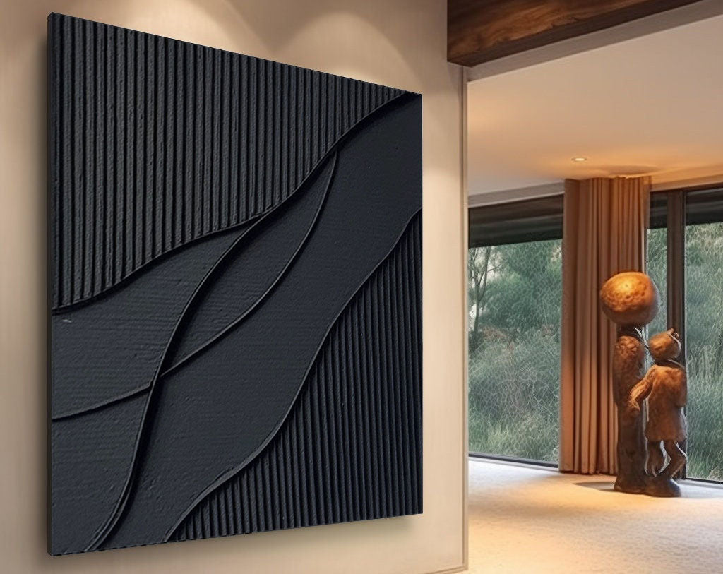 Ripple in Shadow -Black Geometric Curves and Texture Abstract Wall Art