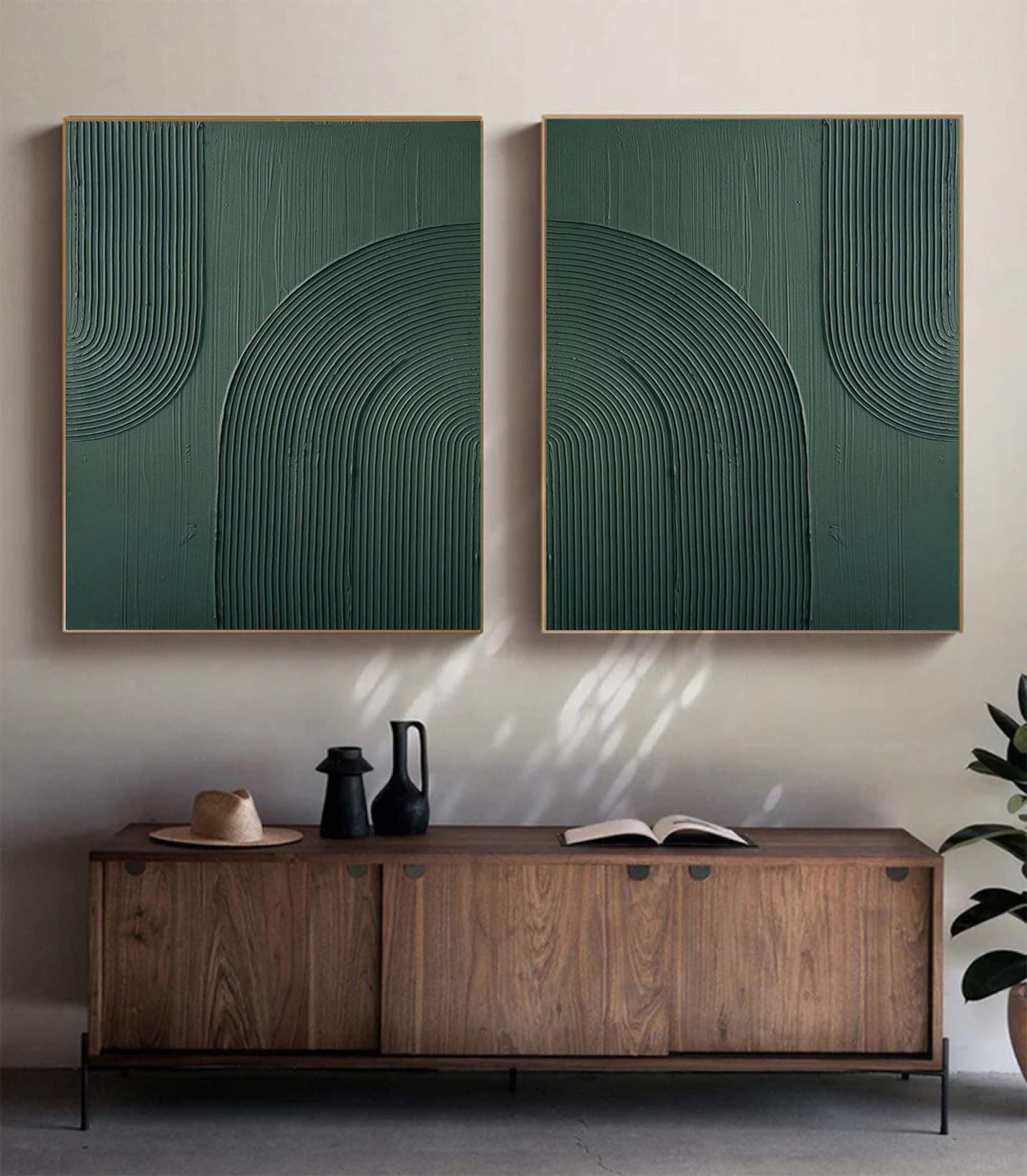 Dark Green Textured Abstract Canvas Art - Set of 2