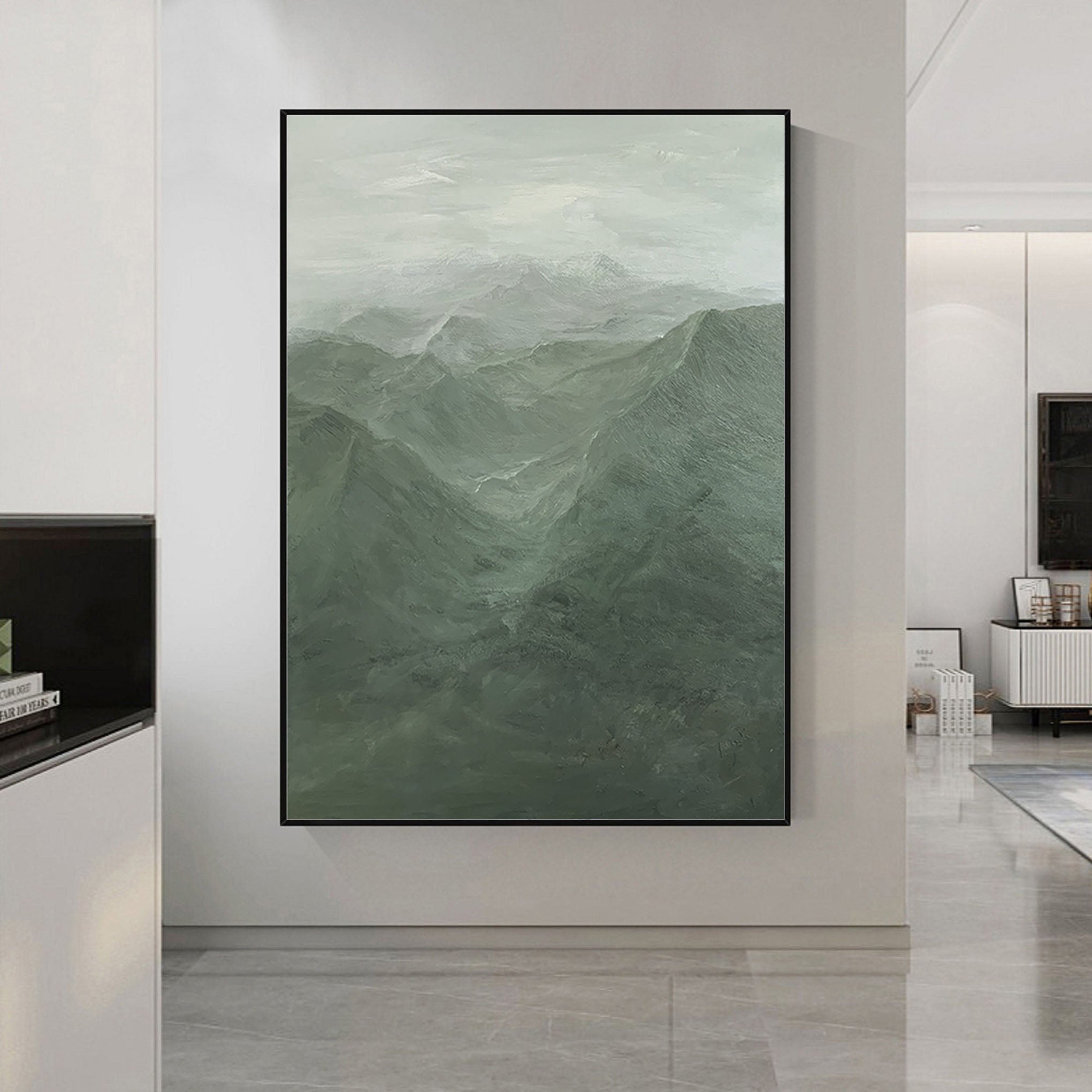 Misty Green Mountain Abstract Oil Painting - Tranquil Wall Art
